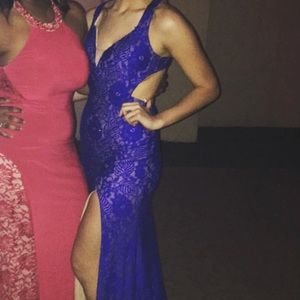 Blue open back prom dress